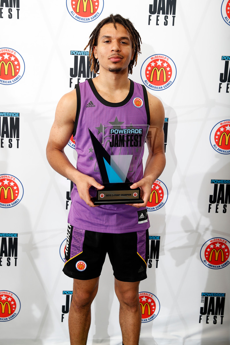 Mar 25, 2019; Marietta, GA, USA; McDonalds High School All American guard Cole Anthony wins the boys three point shooting competition during the Powerade Jamfest at Wheeler High School. Mandatory Credit: Brian Spurlock-USA TODAY Sports
