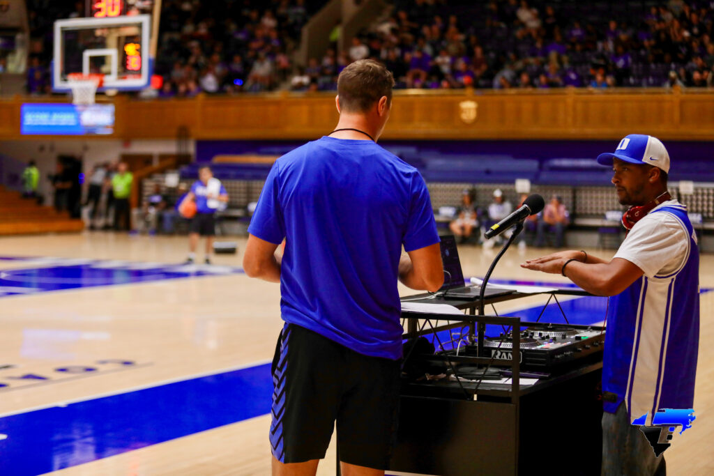Jon Scheyer speaking with the DJ