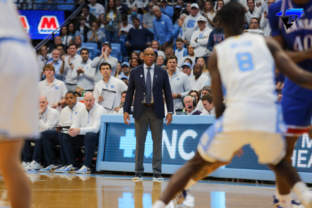 UNC HC Hubert Davis looks on at his team