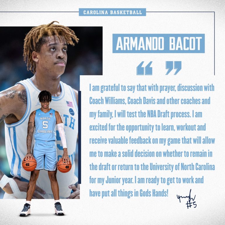 Armando Bacot Announces Plans to Test the NBA Draft Process Carolina