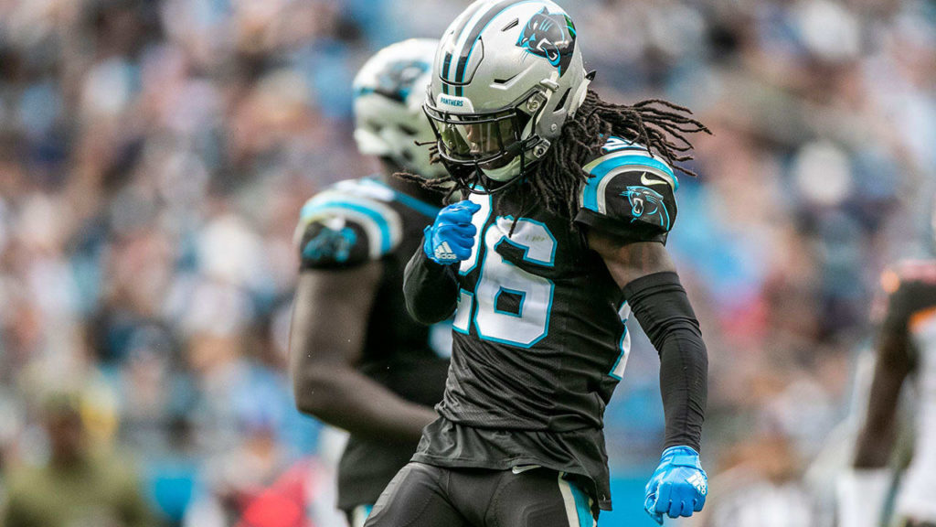 Donte Jackson Carolina Panthers Game-Used #26 White Jersey vs. New York  Giants on October 24 2021