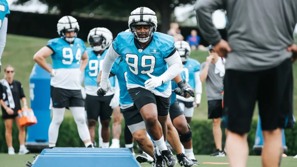 Carolina Panthers defensive tackle Shy Tuttle waves to the fans as