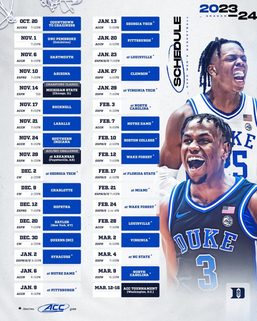 Complete 202324 Duke men’s Basketball Schedule Carolina Blitz